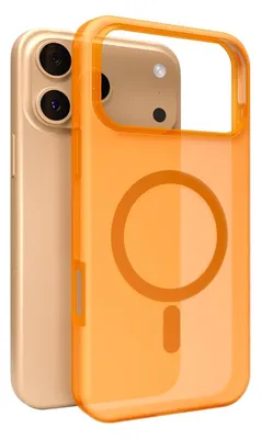 A close-up shot of an orange phone case and a gold iPhone.