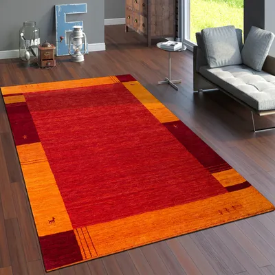 Image de Tapis salon à poils courts, motif ethnique géométrique, fait main, Gabbeh, dimensions 80 x 150 cm