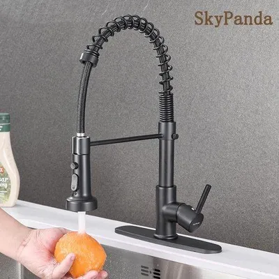 Image de Robinet de cuisine Unyqoos®, noir mat – Mitigeur à levier unique en cuivre avec douchette extractible, pivotant à 360°, 3 types de jets, hauteur totale 42,5 cm, hauteur du bec 13 cm