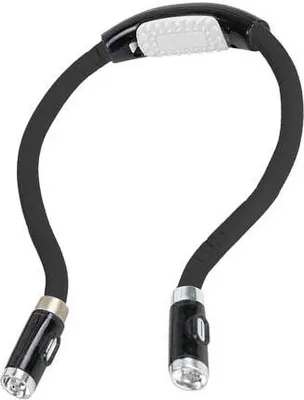 A black neck reading lamp with two flexible arms and LED lights.