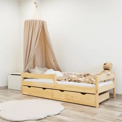 Produktbild von MEBLE WRÓBEL Kinderbett 90x180 cm mit 2 Schublade, Rausfallschutz und Lattenrost - Kinder Bett Montessori - Jugendbet aus Kiefer Massivholz - Einzelbett ohne Matratze