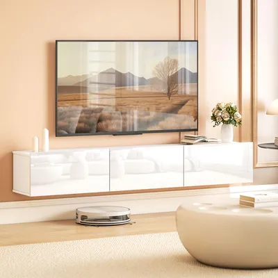 Zdjęcie produktu dla Niska szafka pod telewizor do montażu na ścianie, wisząca szafka pod telewizor, wisząca komoda z MDF, biała | 180 x 31,5 x 29,8 cm | 3 półki z klapami | do 82 cali