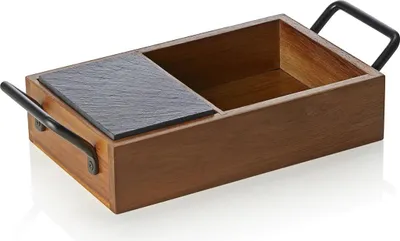 Produktbild von Naturschieferplatten Set SLATE & SERVE, 24 x 15 x 5,5 cm, 3 Schieferplatten und Brot- und Butterkorb, Akazienholz, Naturschiefer
