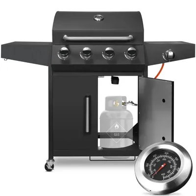 Produktbild von BBQ Gasgrill 4+1 Brenner - Grillwagen mit Deckel - Erdgas - Seitenablage - Für Terrasse Garten Camping - Schwarz