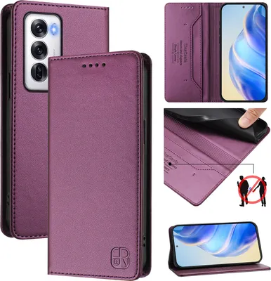 Obrázek produktu pro Kožené pouzdro pro Oppo Reno12, flipové pouzdro s přihrádkami na karty, peněženkou a stojánkem Fialová