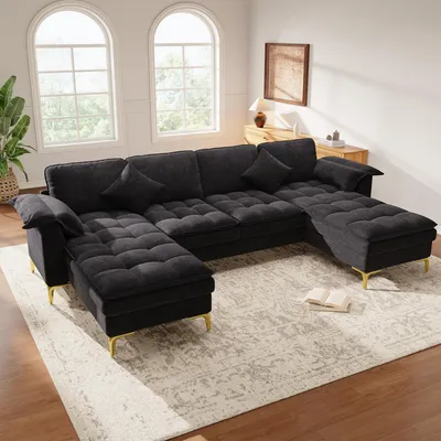 Produktbild von MODFU U-förmiges Sofa,Wohnlandschaft 4–5-Sitzer mit Chenille Stoff, modernes Ecksofa mit zwei Chaiselongues und Federkern-Sitzpolster, Schwarz, 262×134×86 cm
