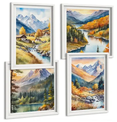 Produktbild von Bilder Set 4-teilig im weißen Rahmen – Wandbilder 4 Stück – gerahmte Poster für Wohnzimmer, Schlafzimmer und Flur – 50x50 cm - 40x60 cm – Berglandschaft, Flusshütten