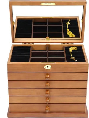 Produktbild von Schmuckkästchen - Schmuckbox aus Holz - 6 Ebenen - Spiegel - Sicherheitsverschluss - 29,5×18,5×25 cm - Braun