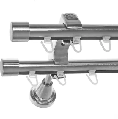 Produktbild von Innenlauf Edelstahl Look Gardinenstange 20mm Wandträger 2-läufig mit Kappe H60 E30E30 II