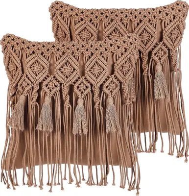 Produktbild von BELIANI Dekokissen 2er Set Hellbraun aus Baumwolle 45 x 45 cm Makramee Design Fransen Boho Stil Modern für Wohnzimmer Schlafzimmer Sofa Sessel Bett