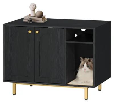 Image de Meubles pour chats - Meuble pour bac à litière / Maison pour chat - Meuble en métal pour bac à litière - Avec porte et cloison - Banc - Noir