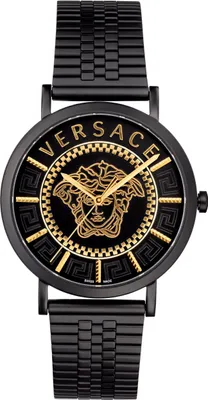 A black Versace watch with a gold Medusa head logo on the face.