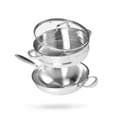 Produktbild von REISHUNGER Unbeschichteter Edelstahl Wok mit Dämpfeinsatz – 30 cm Durchmesser – mit ofenfestem Deckel – Für alle Herdtypen geeignet