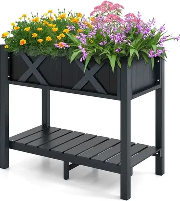 Zdjęcie produktu dla COSTWAY Podwyższona grządka z półką i otworami drenażowymi, drewniana skrzynka na kwiaty 86x45x73cm czarna