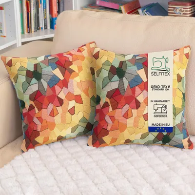Produktbild von Selfitex 2er Set Bunte Couchkissen 40x40 cm, Sofakissen mit Füllung und Bezug, kuschelweiches Lesekissen, dekoratives Fernsehkissen, Deko- und Kopfkissen, Rückenkissen, Muster: Palma