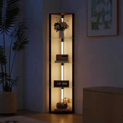 Image de Lampadaire avec étagère en verre, lampe d'étagère, interrupteur au pied, 3 niveaux de luminosité, MDF, noir | 162 cm | 41,5 x 29,5 cm