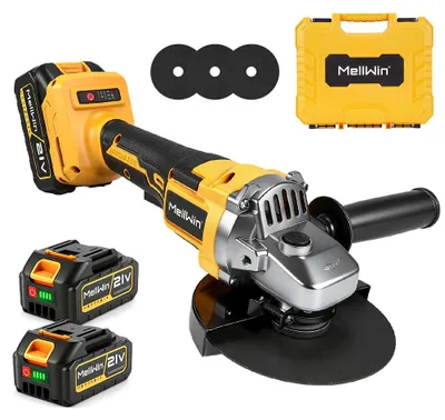 Produktbild von MELLWIN Akku-Winkelschleifer 850 W, 125 mm, 3 Geschwindigkeitsstufen, mit 2 Akkus und Koffer, Gelb