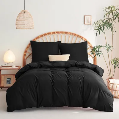 Obrázok produktu pre TRANKIELO® - Súprava obliečok na prikrývku 220 x 240 cm - Čierna mikrovláknová prikrývka so zipsom - Obsahuje 2 obliečky na vankúše 65 x 65 cm