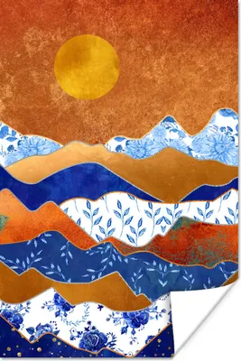 Produktbild von MuchoWow® Poster Gold - Delfter Blau - Blumen 120x180 cm - Kunstposter