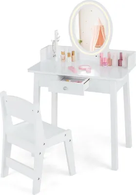 A white children's vanity table and chair set with a lighted mirror.