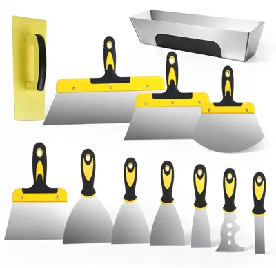 Immagine prodotto di Set di utensili per cartongesso - Set da 12 pezzi di spatole e raschietti - Acciaio inossidabile, dimensioni 25–350 mm - Include vaschetta per stucco - Ideale per lavori di cartongesso, pittura, intonaco e stuccatura