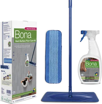 Image de Kit de nettoyage pour sols en pierre, carrelage et stratifié, comprenant un mop, 1 litre de nettoyant pour sols en pierre, carrelage et stratifié, et une lingette en microfibre. Kit de démarrage pour sols durs