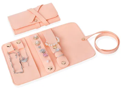 Image de Boîte de rangement pour bijoux, portable, idéale pour les voyages, de couleur rose