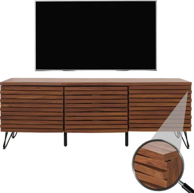 Zdjęcie produktu dla Szafka pod telewizor HWC-M49, niska szafka pod telewizor, przegródki 3D, MDF metal 52x142x44cm ~ orzechowy wygląd