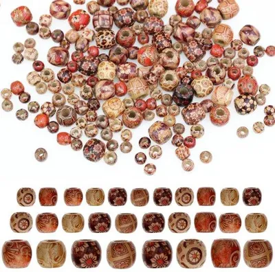 Image de Billes en bois ovales de 10 à 17 mm, aspect naturel, imprimées, pour le tressage