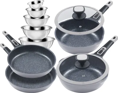 Produktbild von 11tlg. Profi-Bratpfannenset »Moonscape 4er« GRAU tiefe Bratpfannen mit Glasdeckel (Ø24cm Ø28cm) + flache Bratpfannen (Ø24cm Ø28cm) + 5tlg. Schüsselset