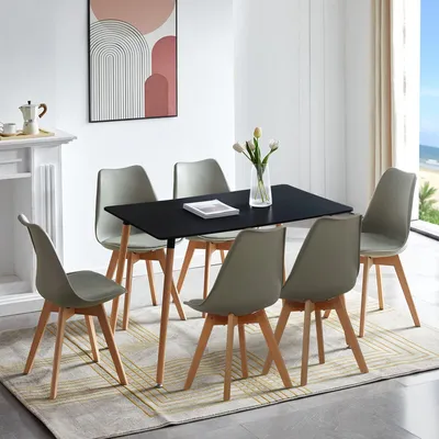Image de HJ_WeDoo Ensemble de salle à manger en hêtre jambe Table de cuisine Ensemble de salon, montage facile, 6 chaises (gris) avec table à manger (noir) 110x70x73cm