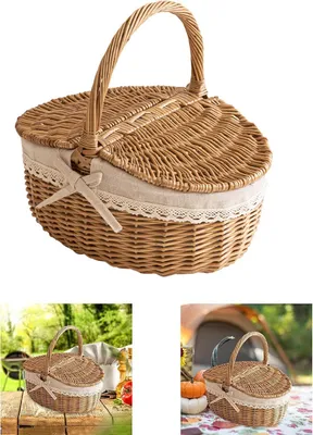 Produktbild von Handgefertigter Weiden-Picknickkorb 35cm mit Deckel, Naturbraun für Outdoor & Garten