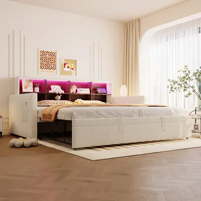 Produktbild von Schlafsofa 90 x 190 cm mit Ausziehbett, LED-Beleuchtung, Steckdosen, USB- und Typ-C-Anschlüssen, Kopfteil mit Stauraum, Polsterbett mit Lattenrost, Samt, Beige