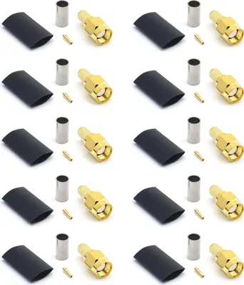 Image de RP-SMA mâle RG58 LMR195 RG303 RG141 RG142 RG400 Connecteur de câble coaxial à sertir RF, doré (pack de 10)