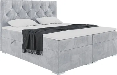 Produktbild von MEBLINI Boxspringbett mit Bettkasten - Gepolstert Doppelbett mit Matratze und Topper - Polsterbett mit Stauraum - Bett mit Kopfteil - Stauraumbett - ROMA - 160x200 - H3/Hellgrau Samt