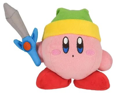 Productafbeelding van San-Ei - Officiële Kirby pluche knuffel met zwaard, 10 cm - Nintendo licentie – Afmetingen: 10 cm