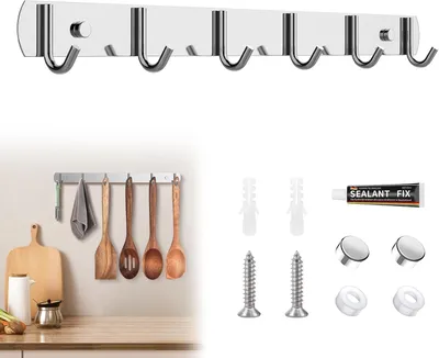 Imagen del producto de Ganchos de acero inoxidable, con 6 ganchos, de 32 cm, para cocina y armario