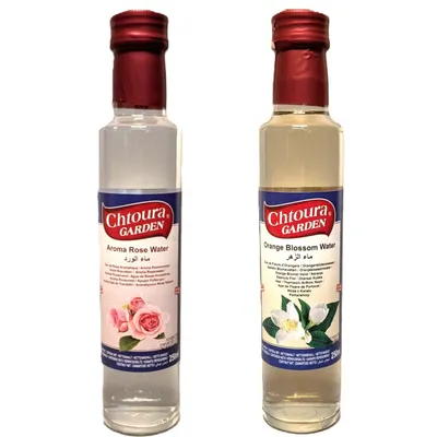 Produktbild von Chtoura Garden Blütenwasser Duo: Rosenwasser, Orangenblütenwasser, 250ml (2x250ml), zur Aromatisierung von Süßspeisen, n und Getränken+Notiz