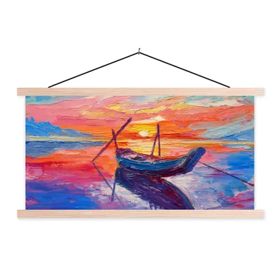 Produktbild von MuchoWow® Textilposter Malerei - Boot - Ölfarbe - Wasser 120x60 cm mit holzfarbenen Rahmen - Klemmleiste
