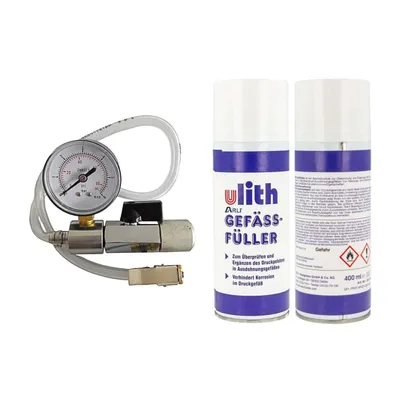 Produktbild von ARLI 2x Gefäßfüller 400 ml brennbar FCKW frei für Membran Ausdehnungsgefäße inkl. 1x Anschlussadapter mit Absperrvorrichtung und Manometer Set