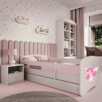 Produktbild von Kinderbett 160x80 mit Rausfallschutz, Lattenrost & Schublade in weiß 80 x 160 Mädchen Bett rosa Fee