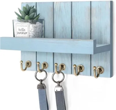 Produktbild von PromoHome® Holzschlüsselbrett mit Ablage – 5 Haken – Wanddekoration, 10 x 6 x 3 cm, Blau