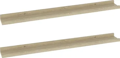 Two identical wooden shelves are shown against a white background.
