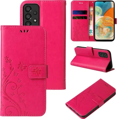 A collage of images showing a pink floral butterfly flip phone case for a Samsung Galaxy A23 5G.