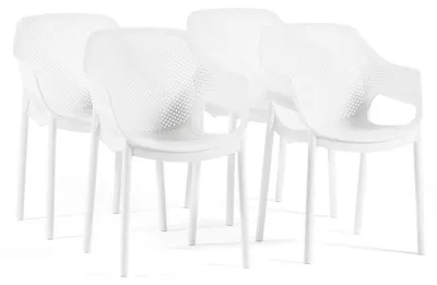 Immagine prodotto di Set di 4 sedie da esterno impilabili con braccioli in plastica rinforzata con fibra di vetro e schienale traforato, ideali per giardino, terrazza, bar e ristorante - Sofia/Bianco