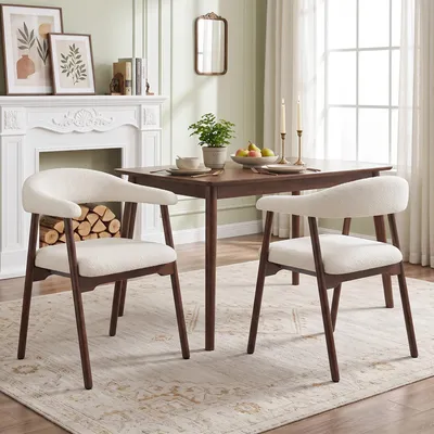 Produktbild von STILVORA Holzstühle mit Bouclé-Bezug, Esszimmerstühle aus Massivholz, Stühle mit atmungsaktivem Design, Walnussholzfarbe + Beige