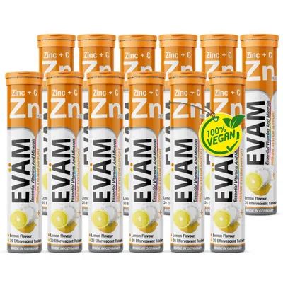 Produktbild von EVÄM Zink + Vitamin C Brausetabletten 12er Set (240 Stk) zur Unterstützung des Immunsystem, Haut, Haare & Nägel, Zitronig, vegan, Hergestellt in DE