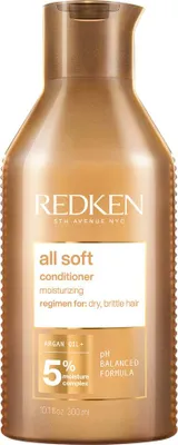 A product shot of a bottle of Redken All Soft Conditioner.