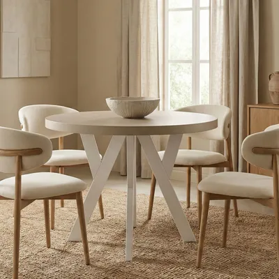 Produktbild von Runder Ausziehbarer Tisch für Esszimmer, PERO, Loft-Stil, Skandinavische, Durchmesser: 100 / 150 cm, Farbe: Kaschmir / Weiß