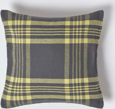 Produktbild von HOMESCAPES Baumwoll-Kissenbezug mit Schottenmuster in Gelb-Grau, 45 x 45 cm